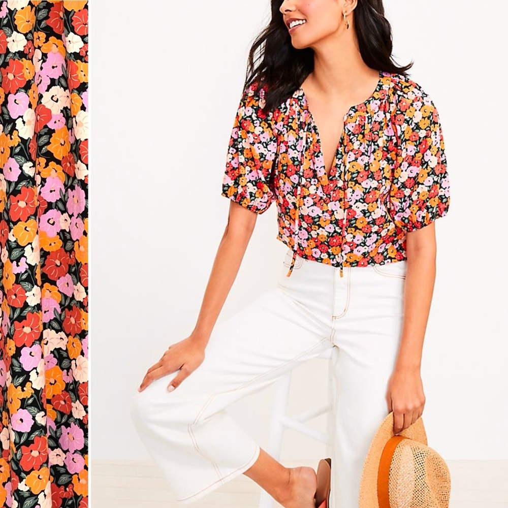 LOFT Floral Boho Blouse Tie Split Neck Woven Puff Sleeve Elastic Cuff